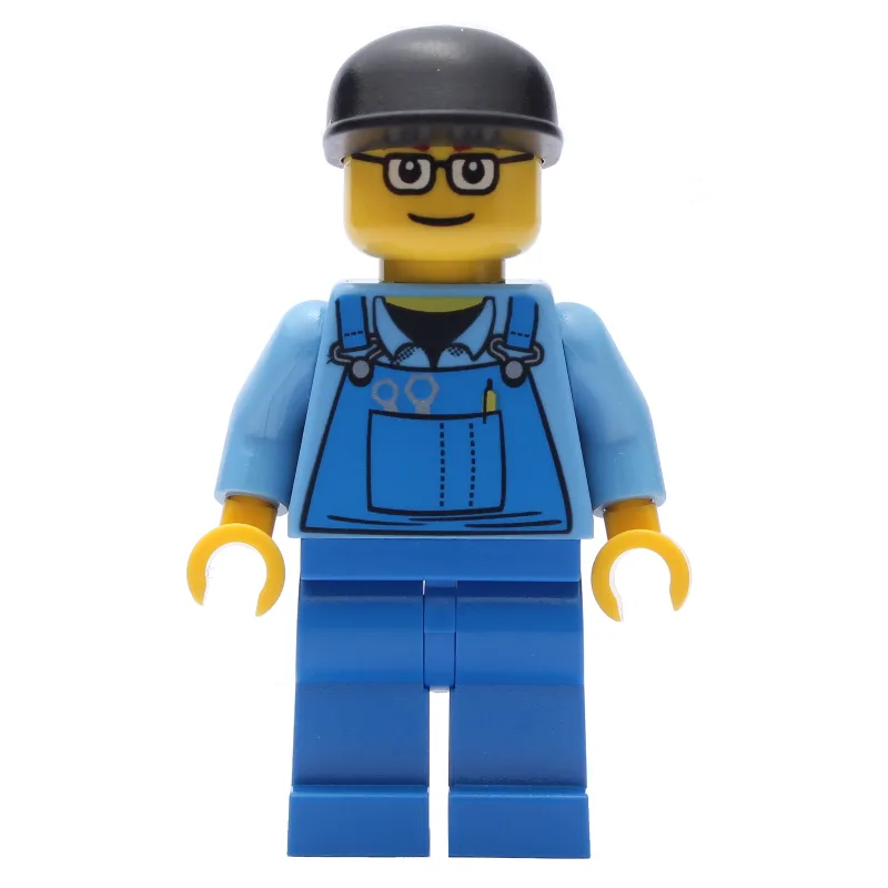 Man, Blue Overalls over Shirt, Blue Legs, Bla… — minifigurine LEGO | Brick Broker