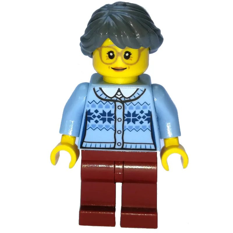 Woman, Bright Light Blue Cardigan, Dark Red L… — minifigurine LEGO | Brick Broker
