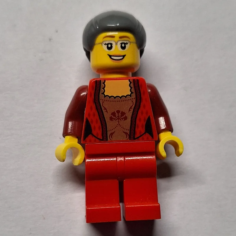 Woman, Red Cardigan, Red Legs, Dark Bluish Gr… — minifigurine LEGO | Brick Broker