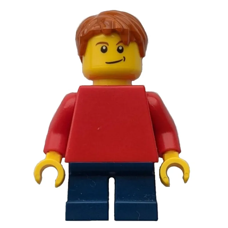 Boy, Plain Red Torso, Short Dark Blue Legs, D… — minifigurine LEGO | Brick Broker