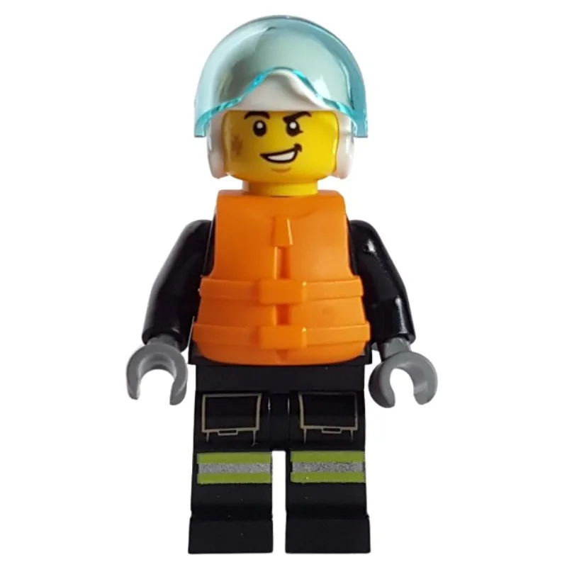 Firefighter, Black Fire Suit, Orange Life Ves… — minifigurine LEGO | Brick Broker