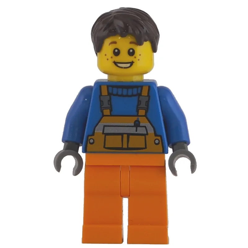 Worker - Blue Torso, Orange Overall, Dark Bro… — minifigurine LEGO | Brick Broker