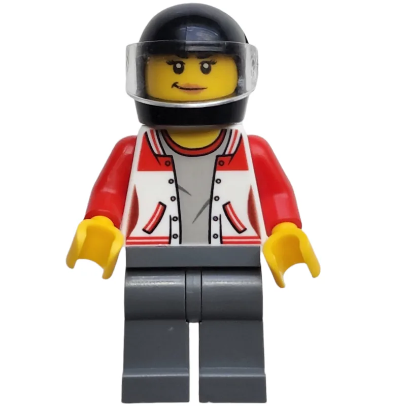 Woman, Red and White Letterman Jacket, Dark B… — minifigurine LEGO | Brick Broker