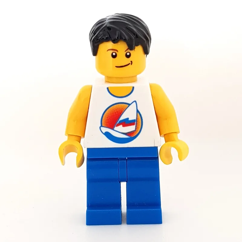 Man, White Tank Top with Windsurfer, Blue Leg… — minifigurine LEGO | Brick Broker