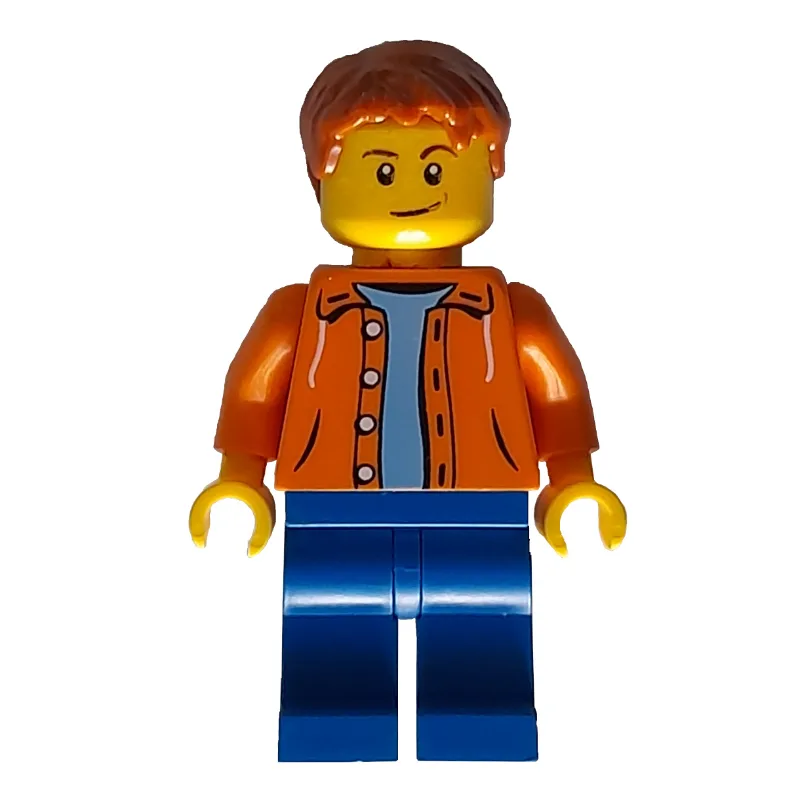 Man, Open Orange Shirt, Blue Legs, Dark Orang… — minifigurine LEGO | Brick Broker