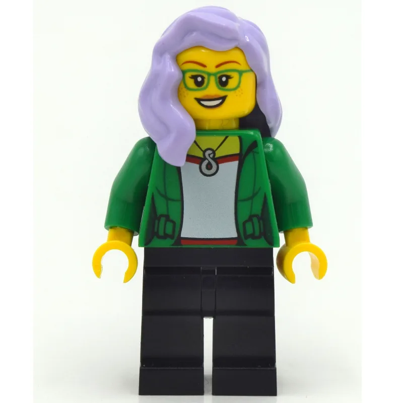 Woman, Open Green Jacket, Black Legs, Lavende… — minifigurine LEGO | Brick Broker