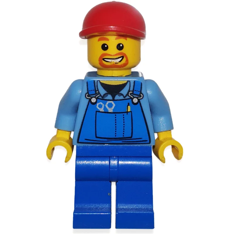 Man, Blue Overalls over Shirt, Blue Legs, Red… — minifigurine LEGO | Brick Broker